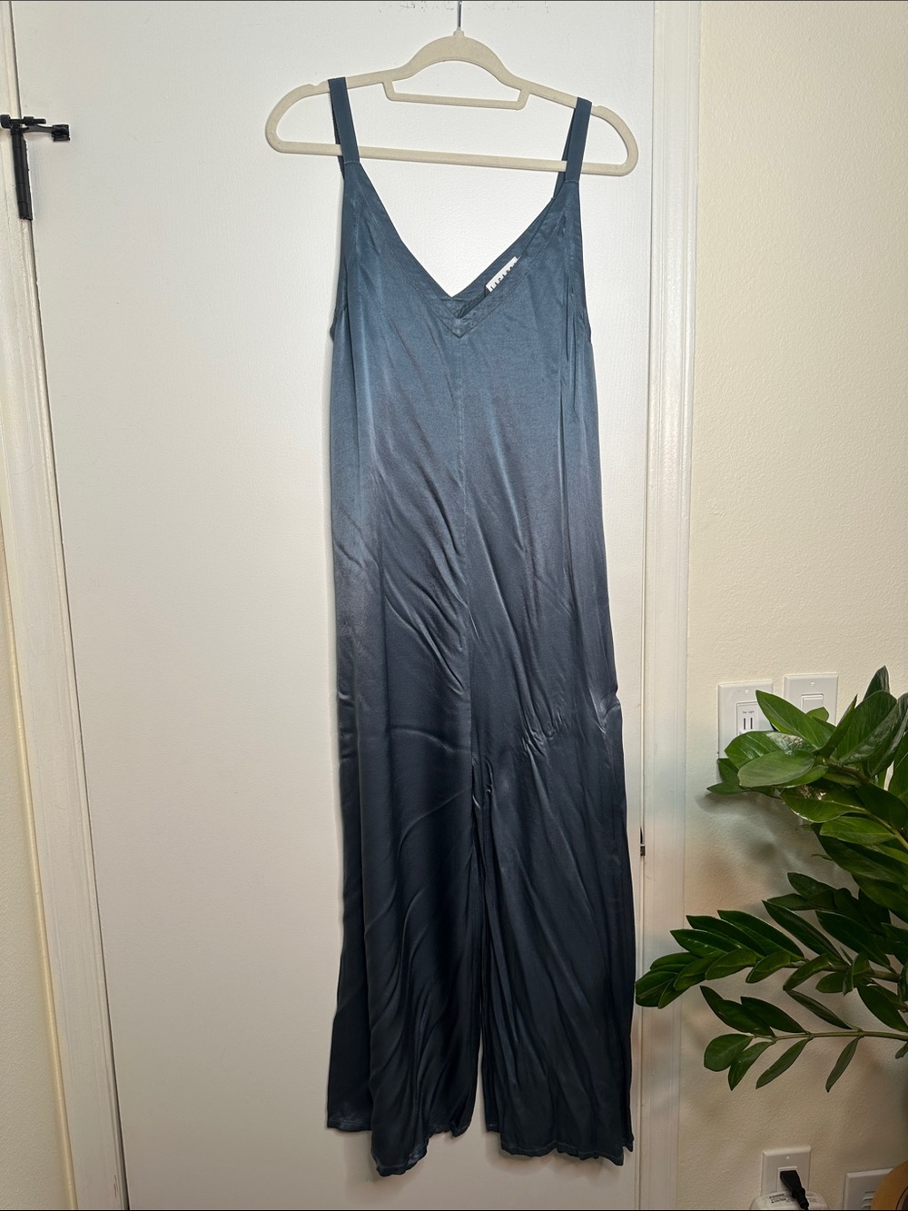 LACAUSA Slate Blue Satin Slip Jumpsuit